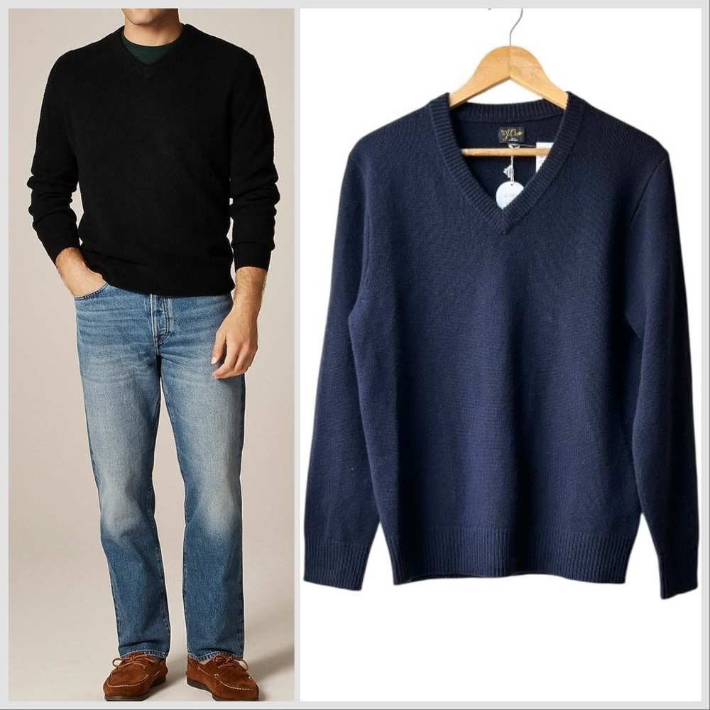 NWT J.Crew $278 Relaxed midweight cashmere V-neck sweater Navy Abyss Blue Sz S